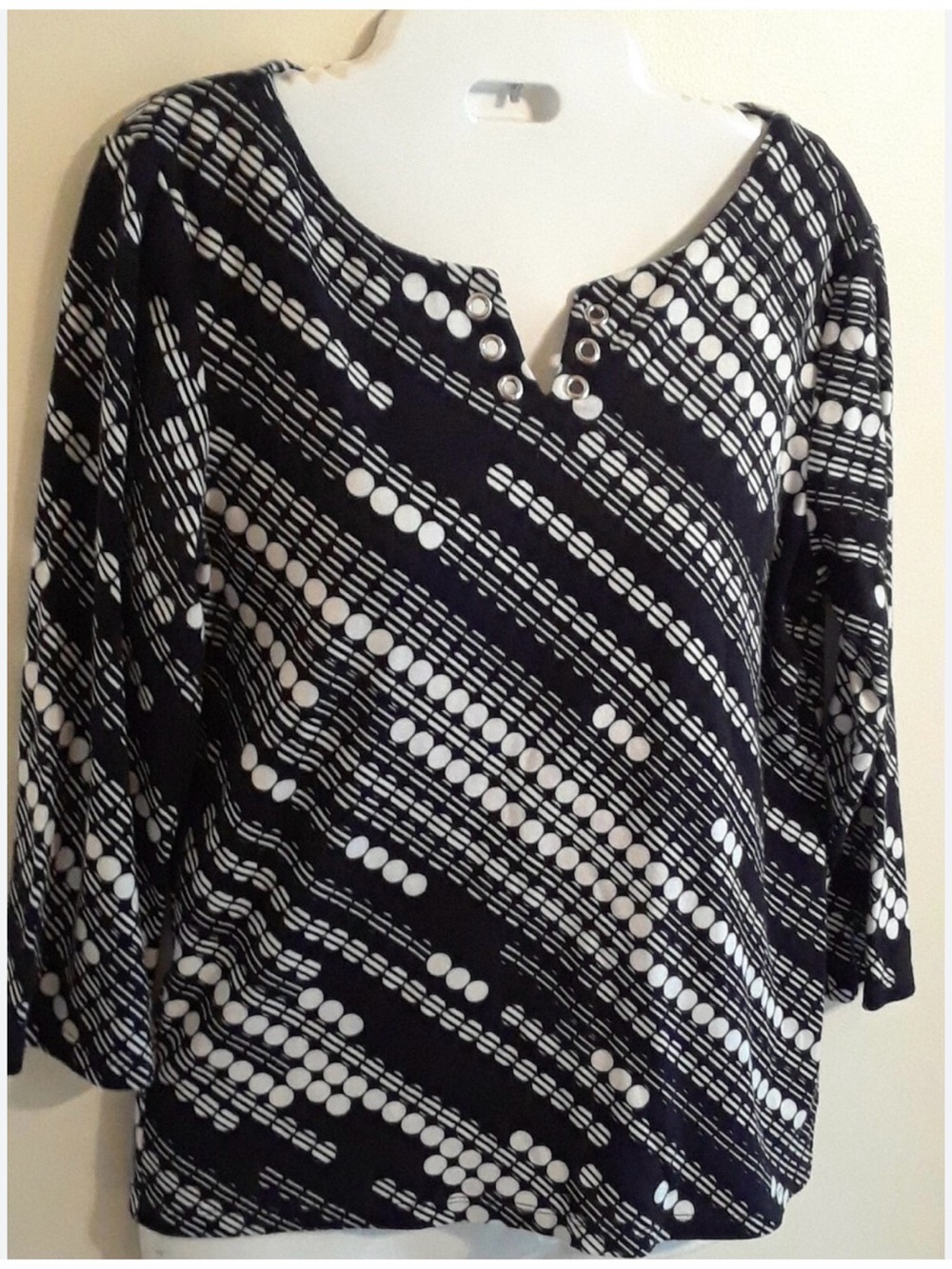 Rafaella Black and White Geometric Dot-Stripe Notch-Neck Top